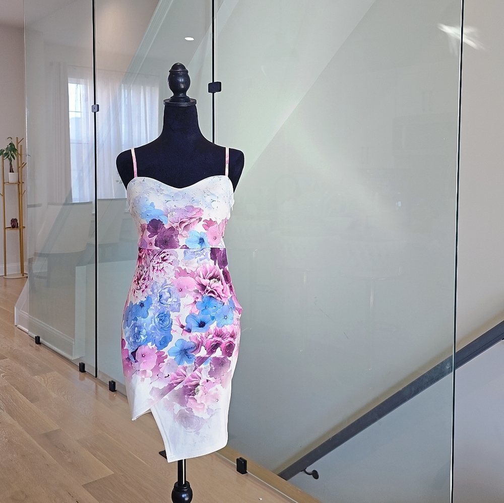 Elegant Beautiful Chic Floral Mini Dress in Blue Pink